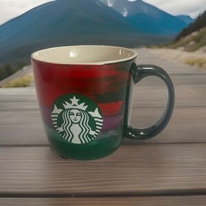 2021 Starbucks Coffee Mug Cup 18 FL Oz Holiday Green Red Brush Strokes Warm Cup